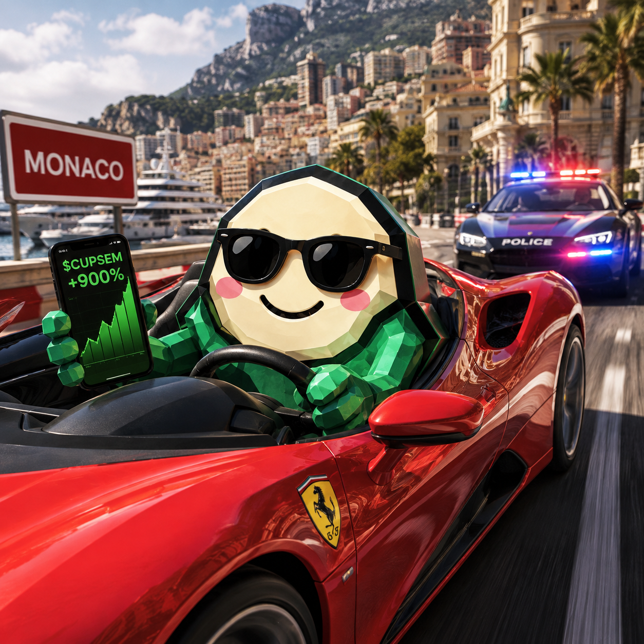 The Black Cupsey character wearing dark shades on a coastal street
